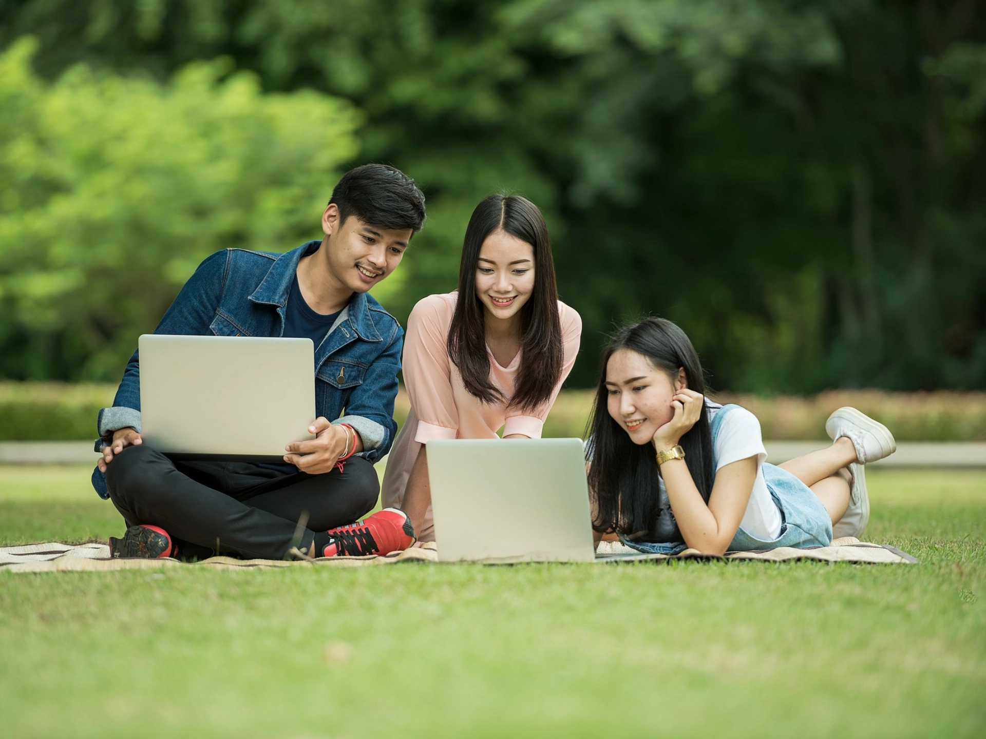 Drei junge Leute sitzen in einem Park und schauen auf einen Laptop.